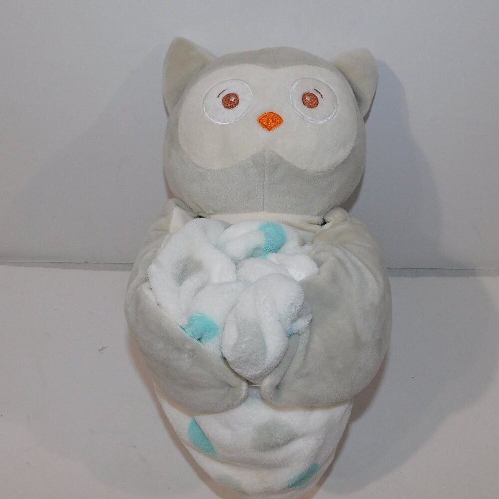Piccolo Bambino Plush Gray Owl w Fleece Blue Polka Dot Blanket Baby 13" UNUSED